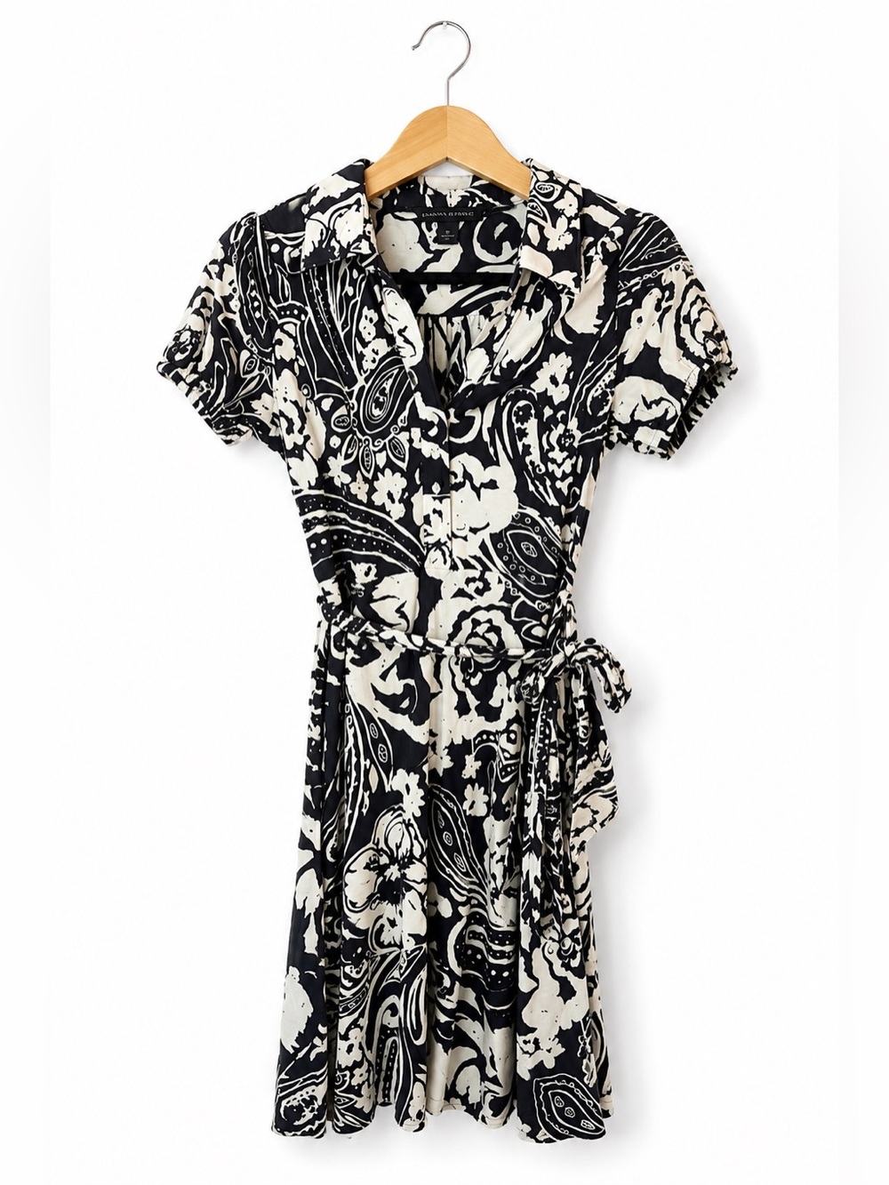 Banana Republic Paisley Wrap Midi Dress XS Navy Cream Tie Waist Career Office